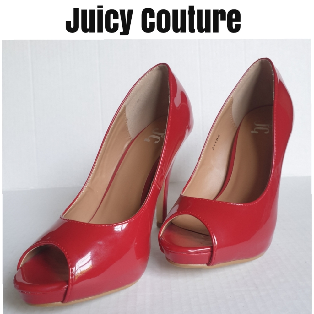 Juicy Couture Lowis Hot Red Patent Leather Open-Peep Toe Stiletto Heels Sz 7